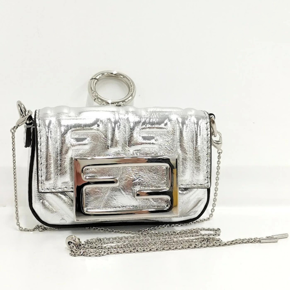 Fendi Bucket Chain Shoulder Pouch Clutch Leather Silver